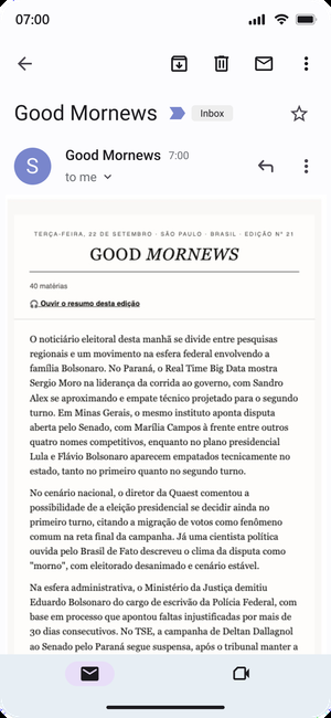 Uma edição do Good Mornews aberta na caixa de entrada de um telefone.